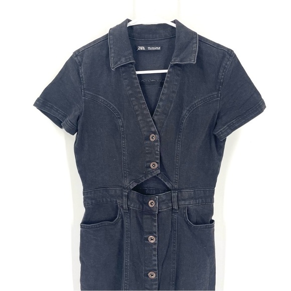 ZARA Washed Black Denim Button Front Collar Short Sleeve Denim Above Knee Dress - Picture 6 of 9